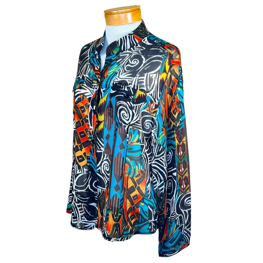 Chico’s Women’s Tailored Silk Sheer Vibrant Blouse Art To Wear Chico’s 2 = L/12 - Picture 12 of 12